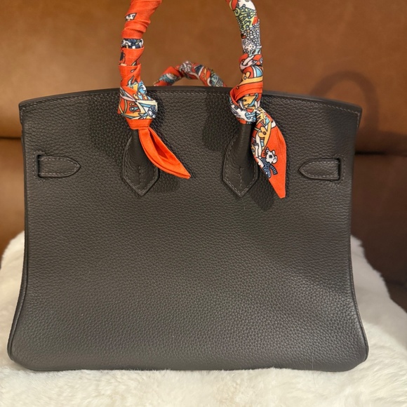 Birkin-Style Structured Tote Bag with Gold Hardware & Twilly Handle Wrap - Picture 5 of 6